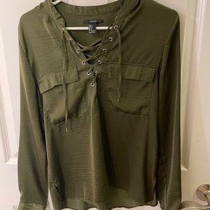 Forever21 olive satin tie up blouse